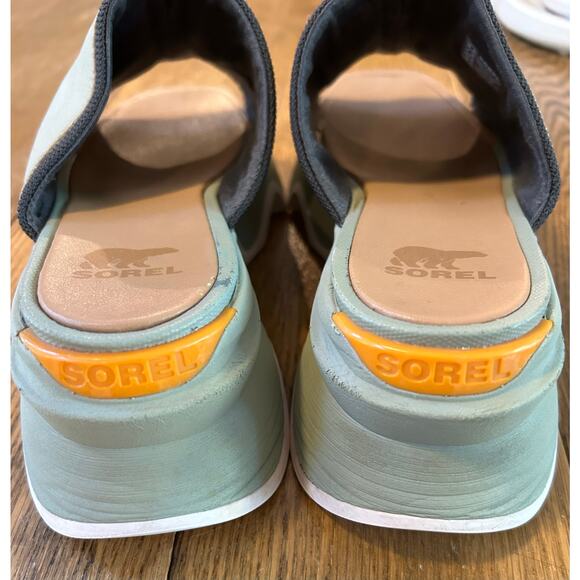 Sorel Kinetic Impact Slip On Sandal Slide Green Leather Sz 9.5 Wedge - Picture 4 of 9